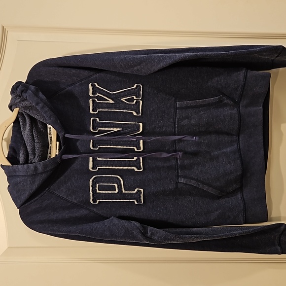 Victorias Secret PINK Hoodie Sweatshirt Pullover Womens Medium Blue and White - Picture 3 of 7
